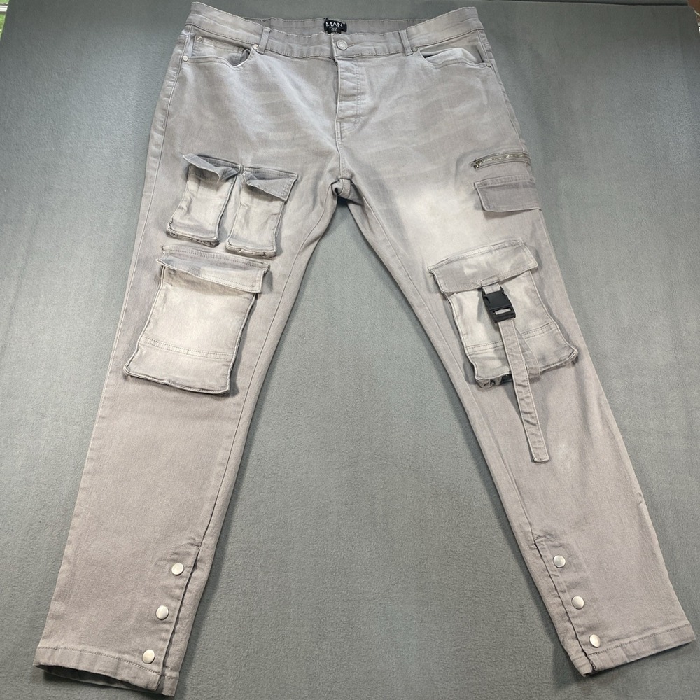 boohooMan Mens Cargo Jeans Skinny Stretch Multi Pocket Strap Snap Grey 42‎ NWT